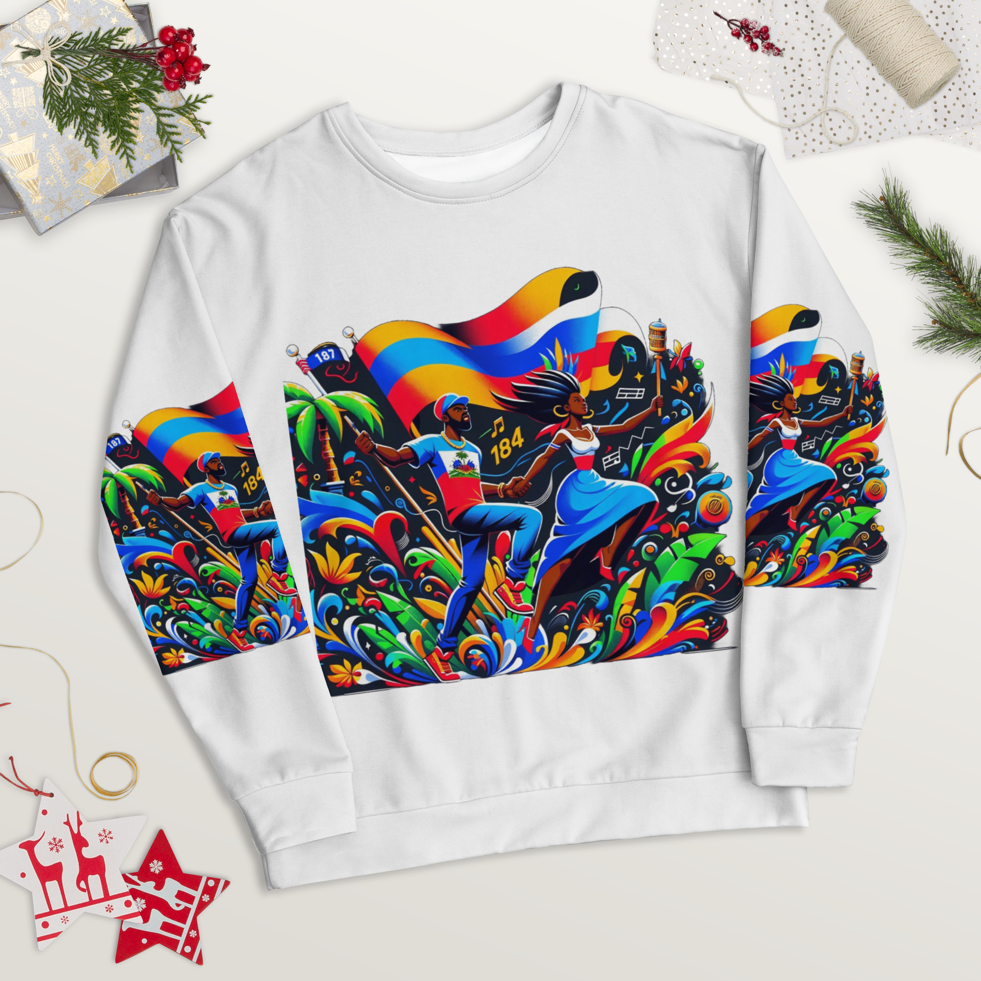 Haiti Pride All-Over Print Recycled Sweatshirt - White