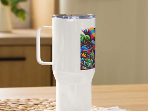 Haiti Pride white travel mug with handle, 25oz