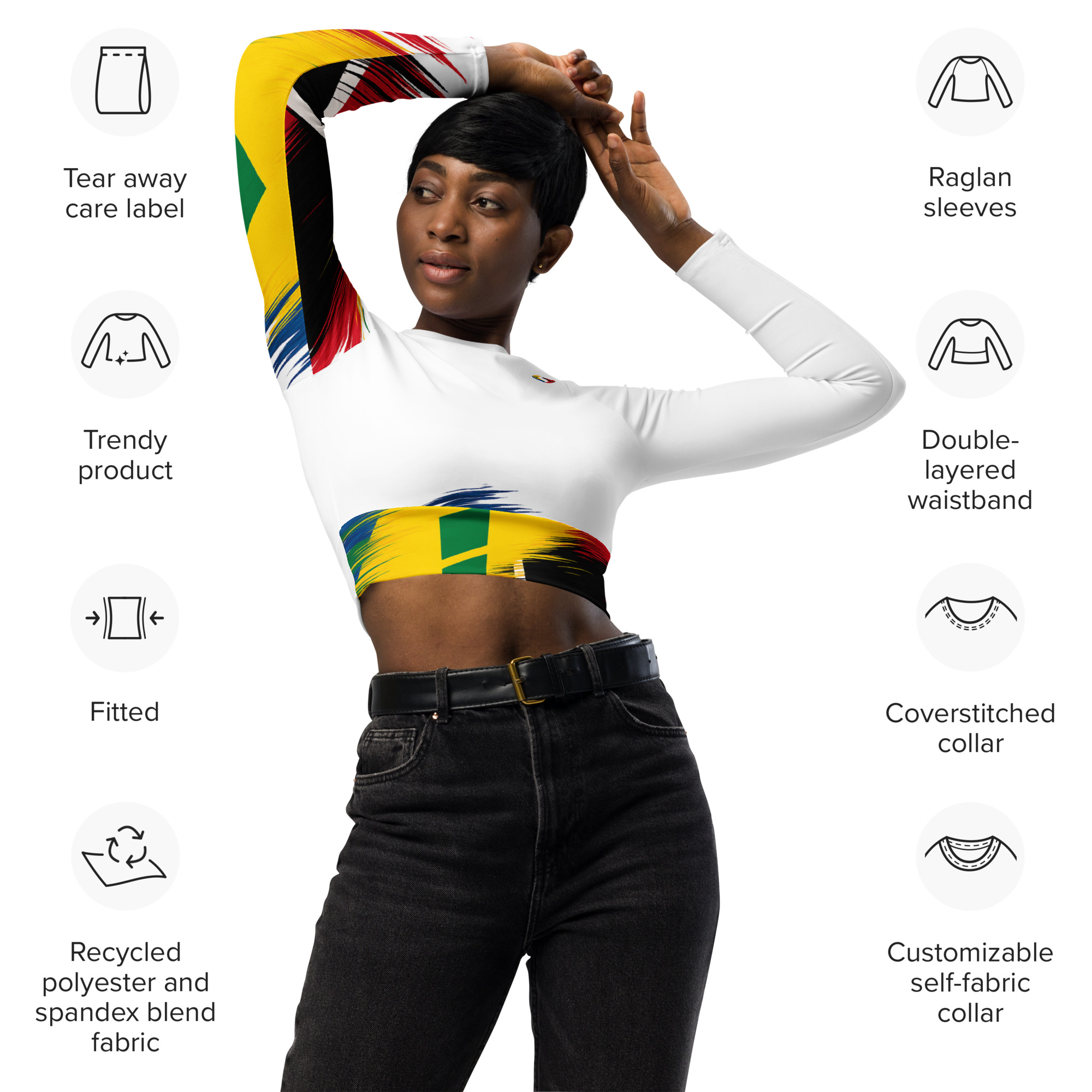 Trinidad and Tobago Pride Recycled Long Sleeve Crop Top - White - Image 2